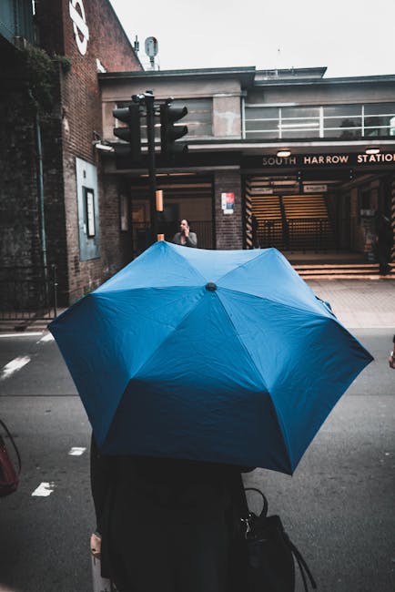 A person standing outdoors at a street crossing near South Harrow station, holding a large blue umbrella that obscures their upper body. The individual is dressed in dark clothing and carries a black bag. The background features a brick building with a sign indicating the station and traffic lights. The scene is overcast, suggesting rainy weather, highlighting the importance of surface cleaning and protection from weather elements. Carpet Cleaners Harrow offers professional cleaning services for such environments, ensuring surfaces remain clean, safe, and well-maintained.